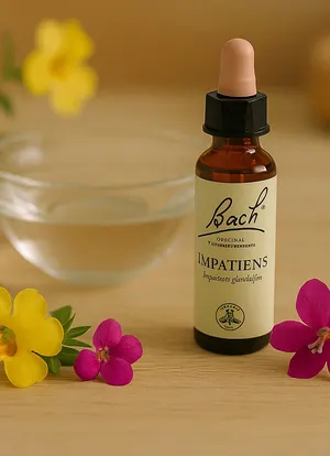 Flacon d'élixir floral entouré de fleurs